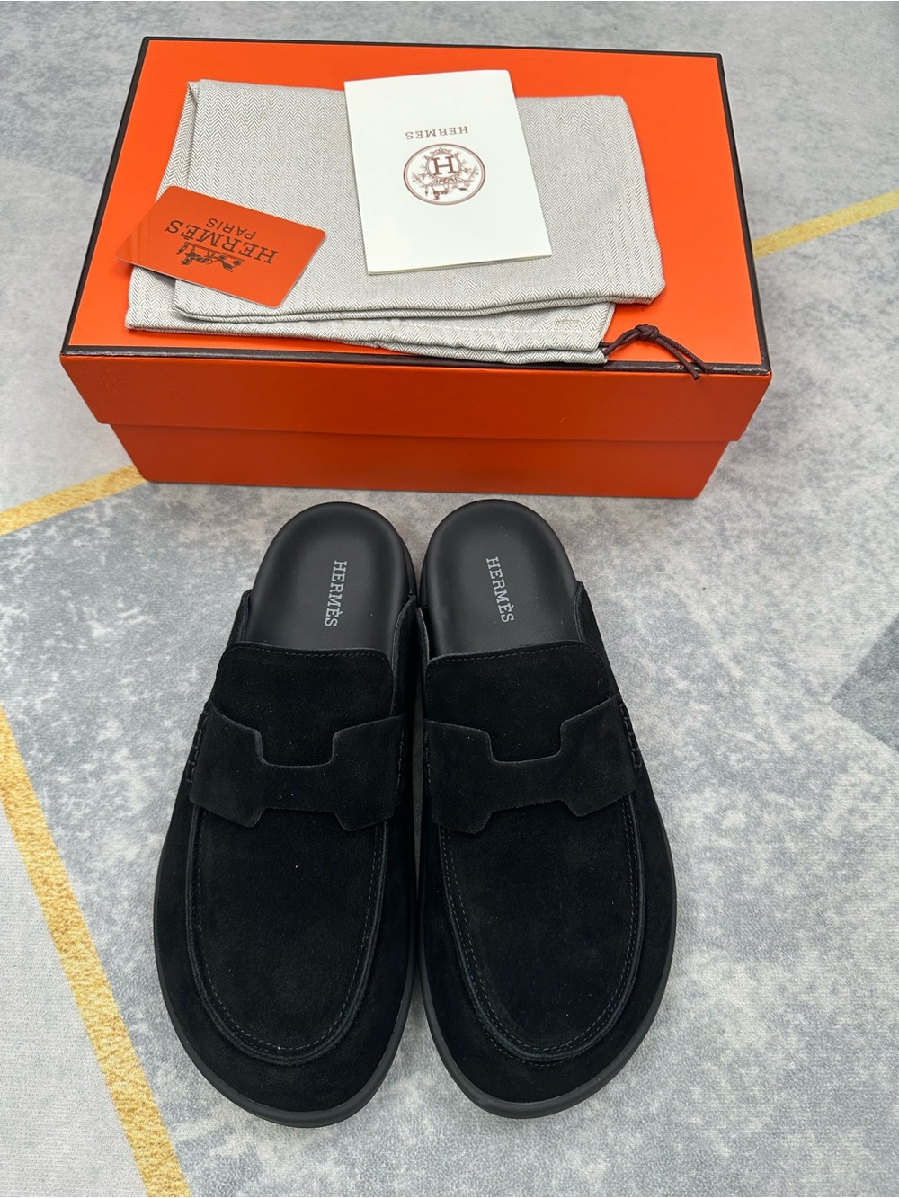 Hermes Black Suede Slip-On Mules